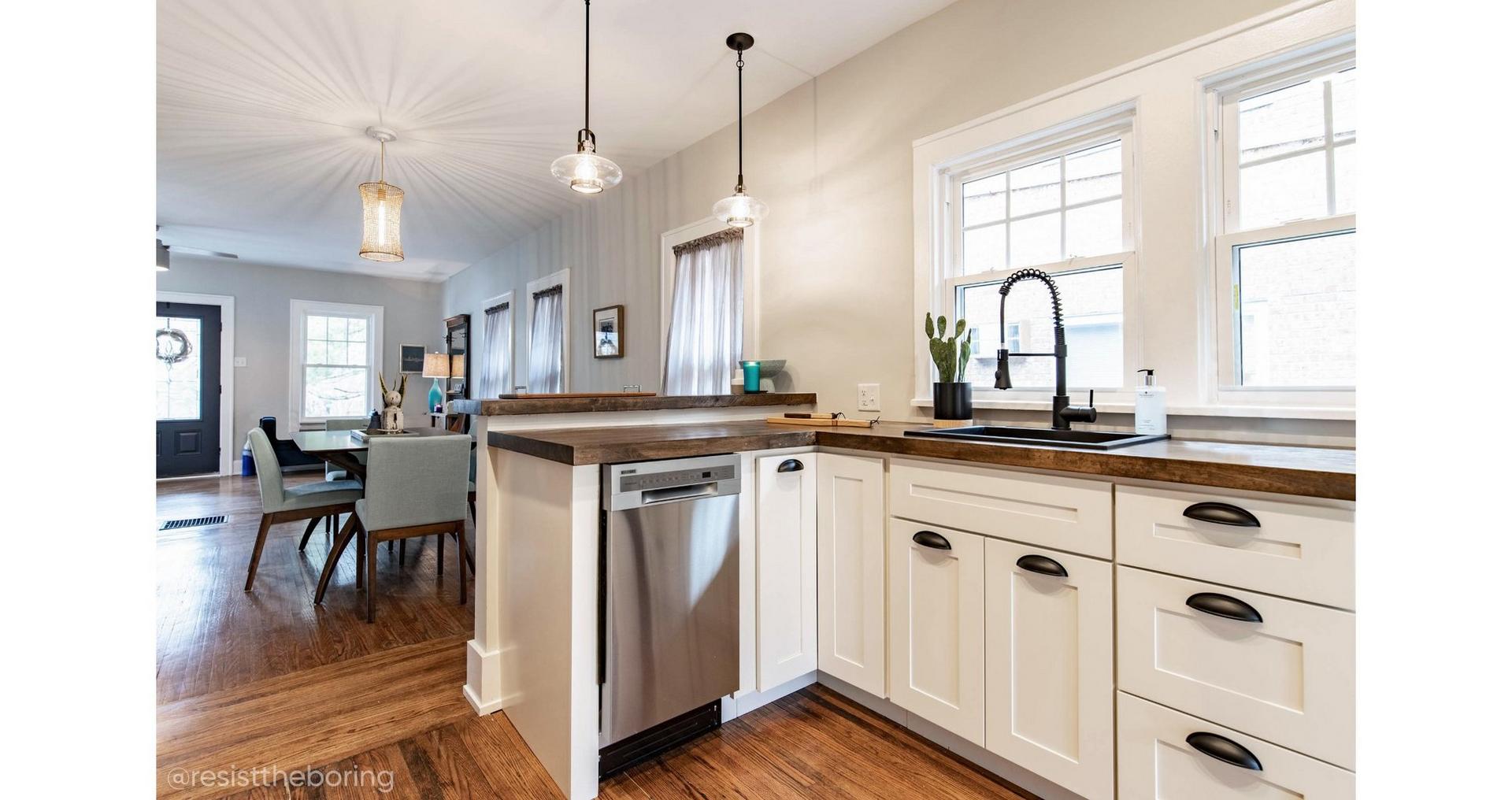 Kitchen designed by Resist the Boring with Steyn Kitchen Faucet with Spring Spout, Barrus Brass Cup Pull in Matte Black