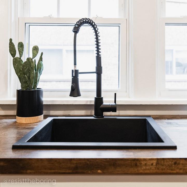 Steyn Kitchen Faucet with Spring Spout in Matte Black, 30" Holcomb Drop-In Granite Composite Sink in Black