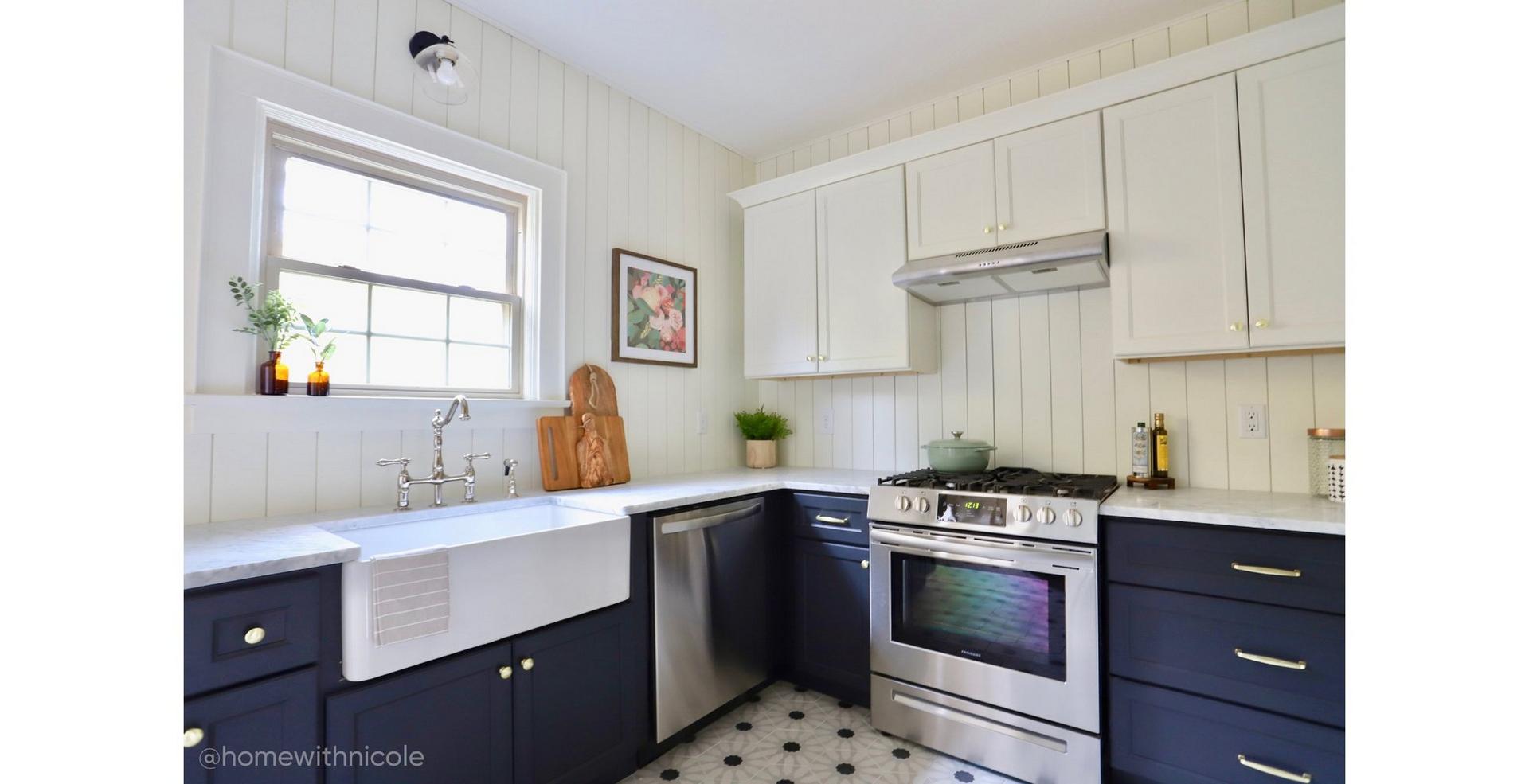 Kitchen by Revival Designs' Nicole Nichols with the Bellevue Bridge Faucet in Chrome, 30" Reinhard Fireclay Farmhouse Sink