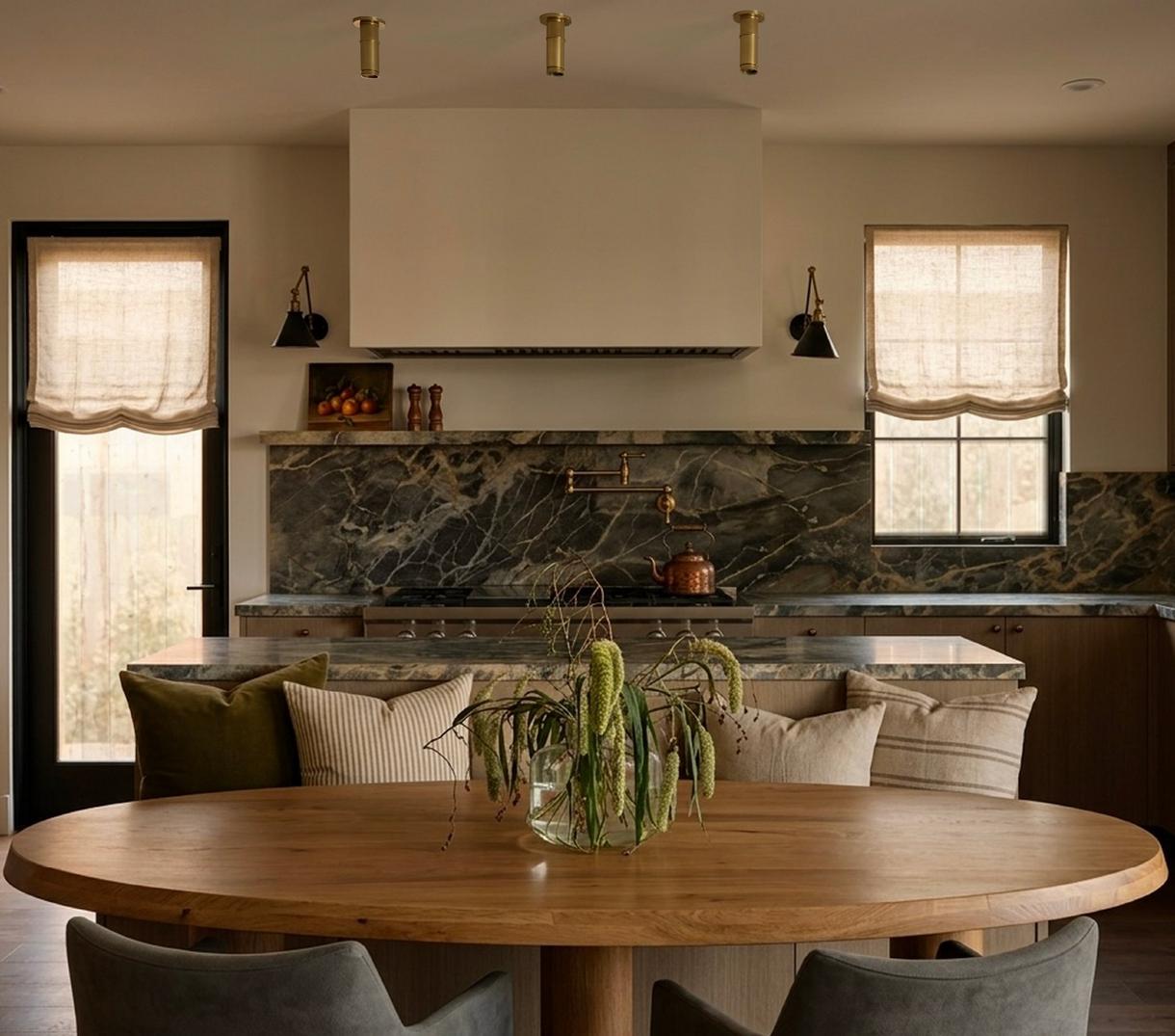 Ryan Saghian Clifton House Kitchen with the Traditional Retractable Wall-Mount Pot Filler Faucet - Aged Brass
