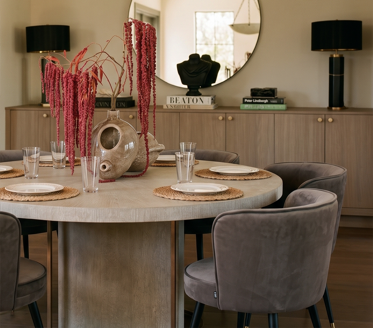 Ryan Saghian Clifton House dining room with Lazzara Round Cabinet Knob Brown Leather - Champagne Bronze