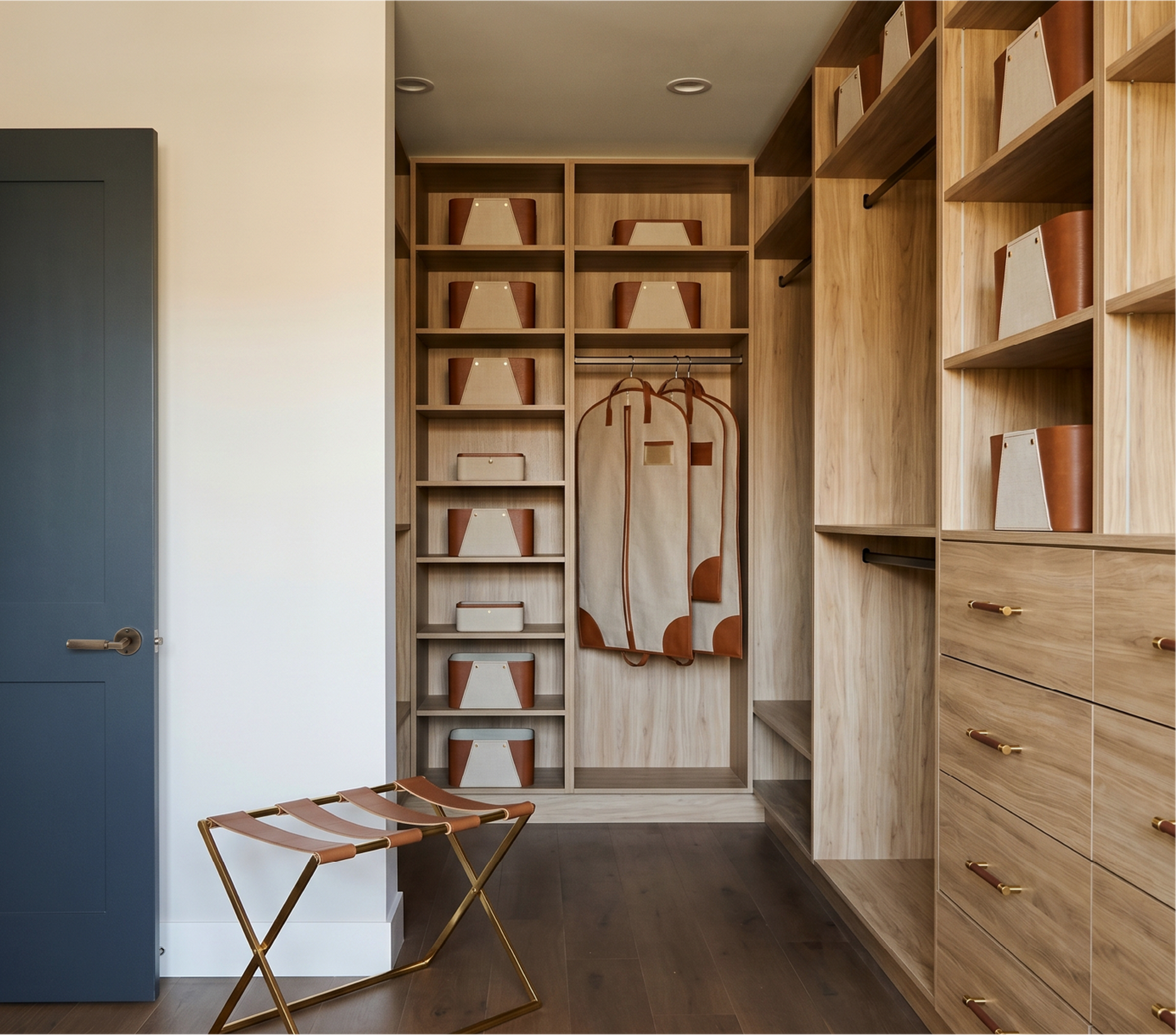 Clifton House Closet with the Lazzara Round Cabinet Knob Brown Leather - Champagne Bronze