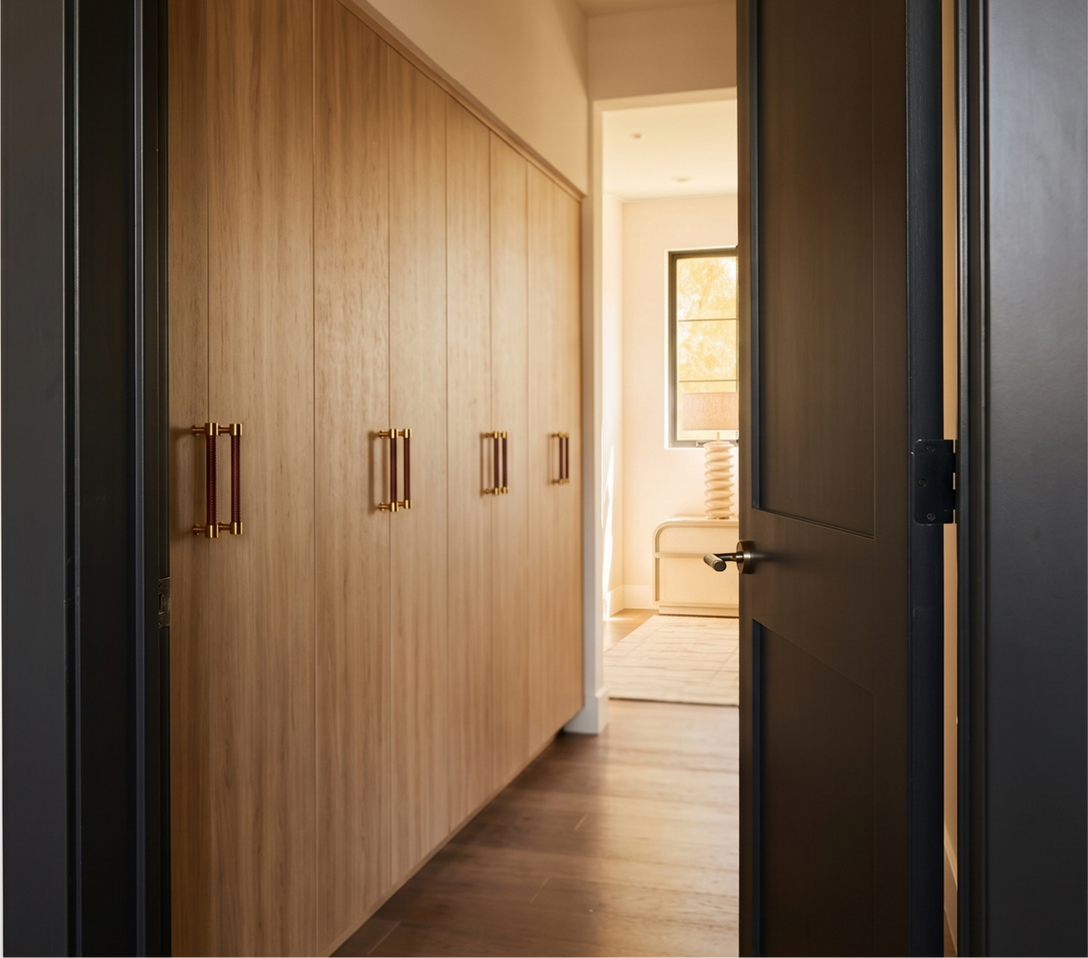 Ryan Saghian Clifton House Walk-In Closet with the Lazzara Round Cabinet Knob Brown Leather - Champagne Bronze