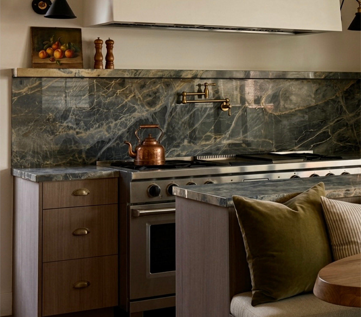 Ryan Saghian Clifton House Kitchen with the Traditional Retractable Wall-Mount Pot Filler Faucet, Rustic Style Traditional Cup Pull - Aged Brass