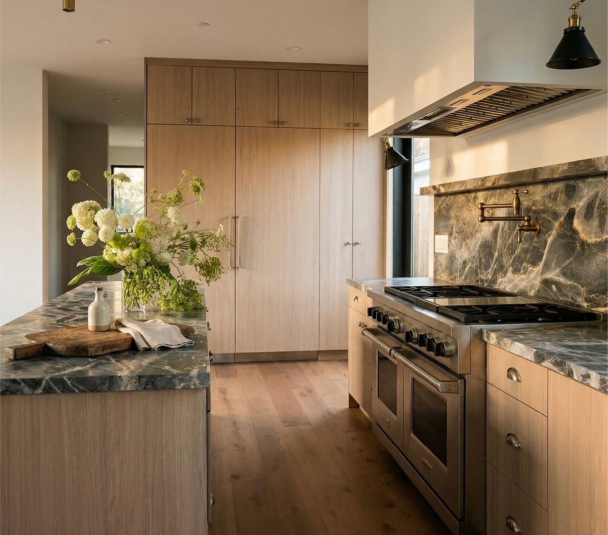 Ryan Saghian Clifton House Kitchen with the Traditional Retractable Wall-Mount Pot Filler Faucet, Rustic Style Traditional Cup Pull - Aged Brass