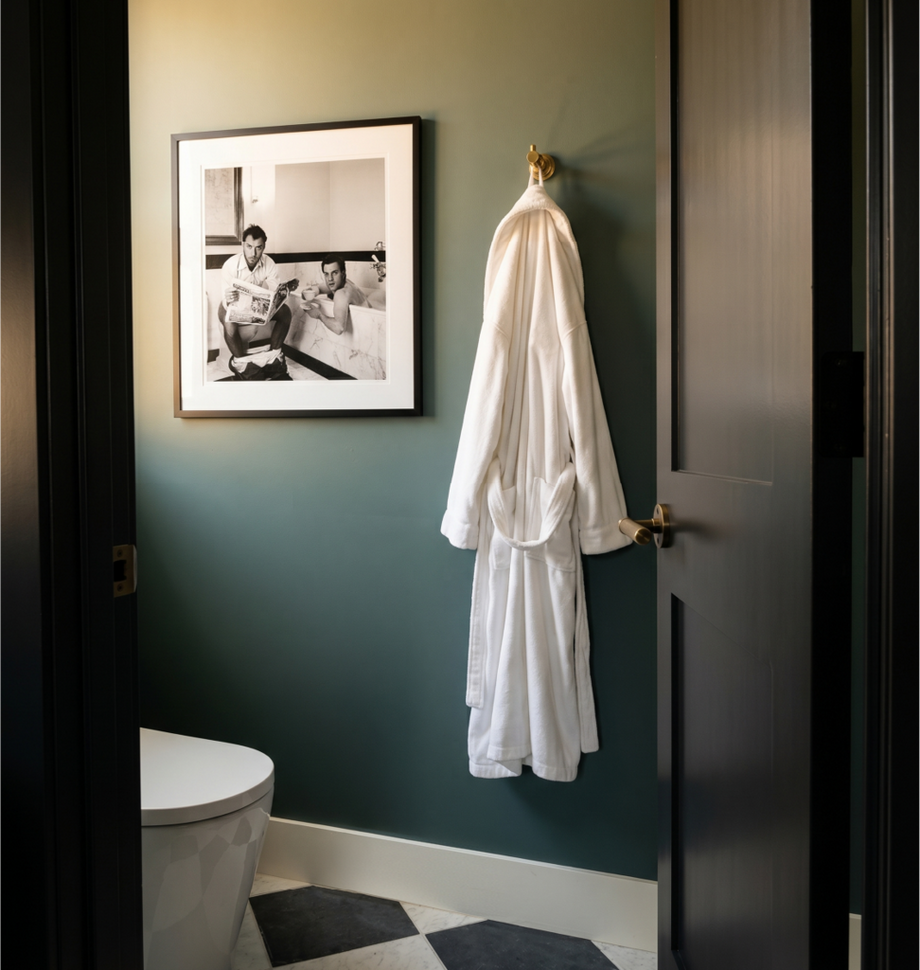 Greyfield Robe Hook in Aged Brass, Vela Smart Toilet 