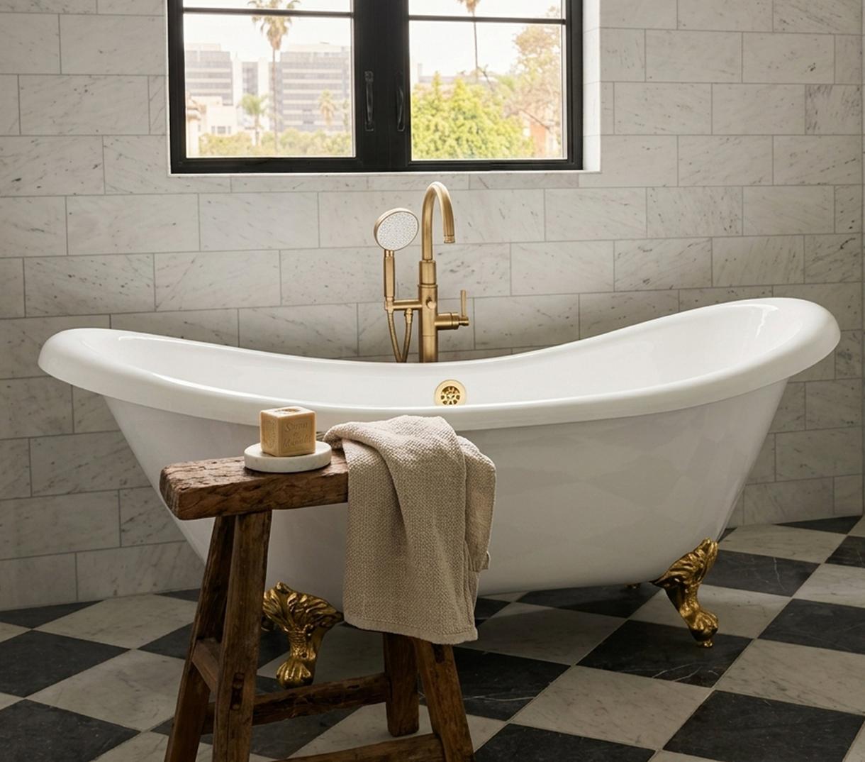 Ryan Saghian Clifton House Primary Bath with the Rosalind Acrylic Double-Slipper Clawfoot Soaking Tub - Polished Brass Feet