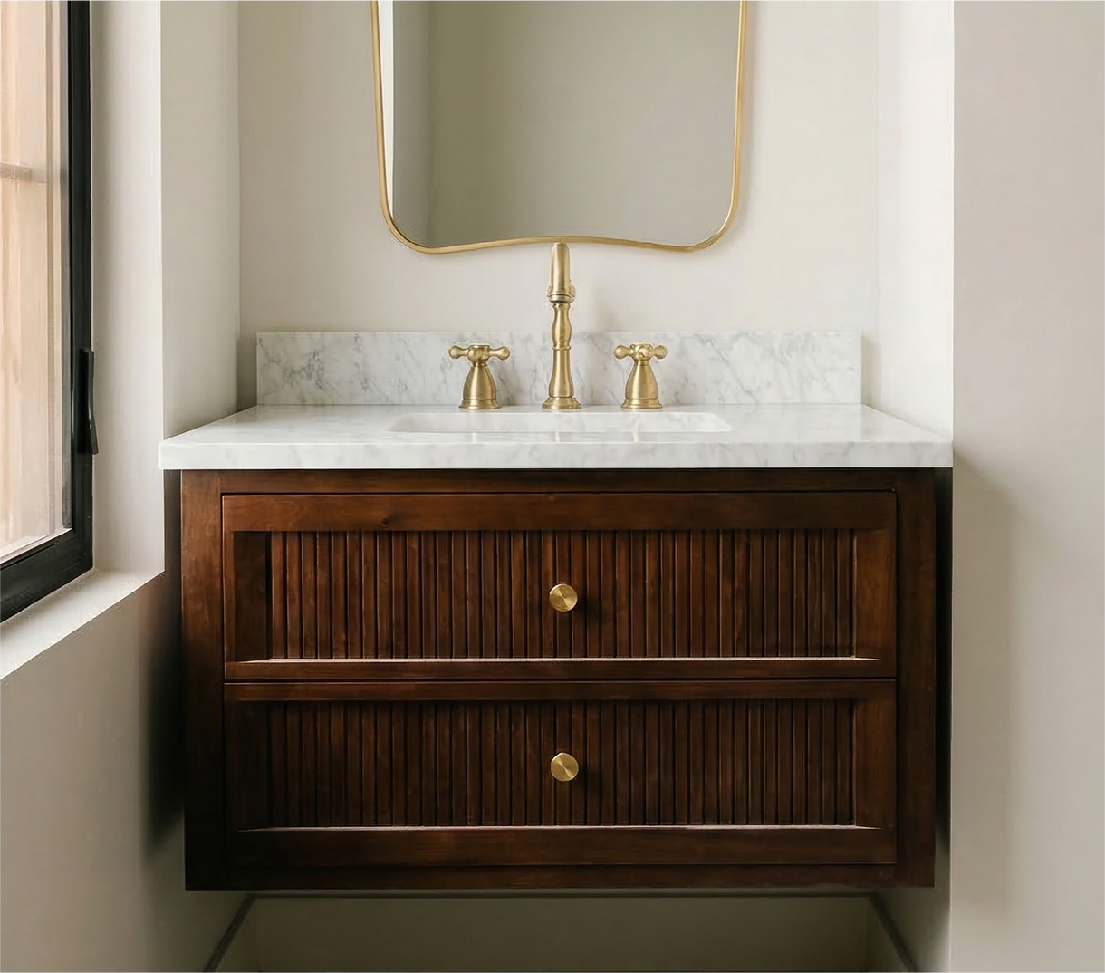 Ryan Saghian Clifton House Secondary Bath with the Nikolai Narrow Wall-Mount Vanity - Winterland Walnut