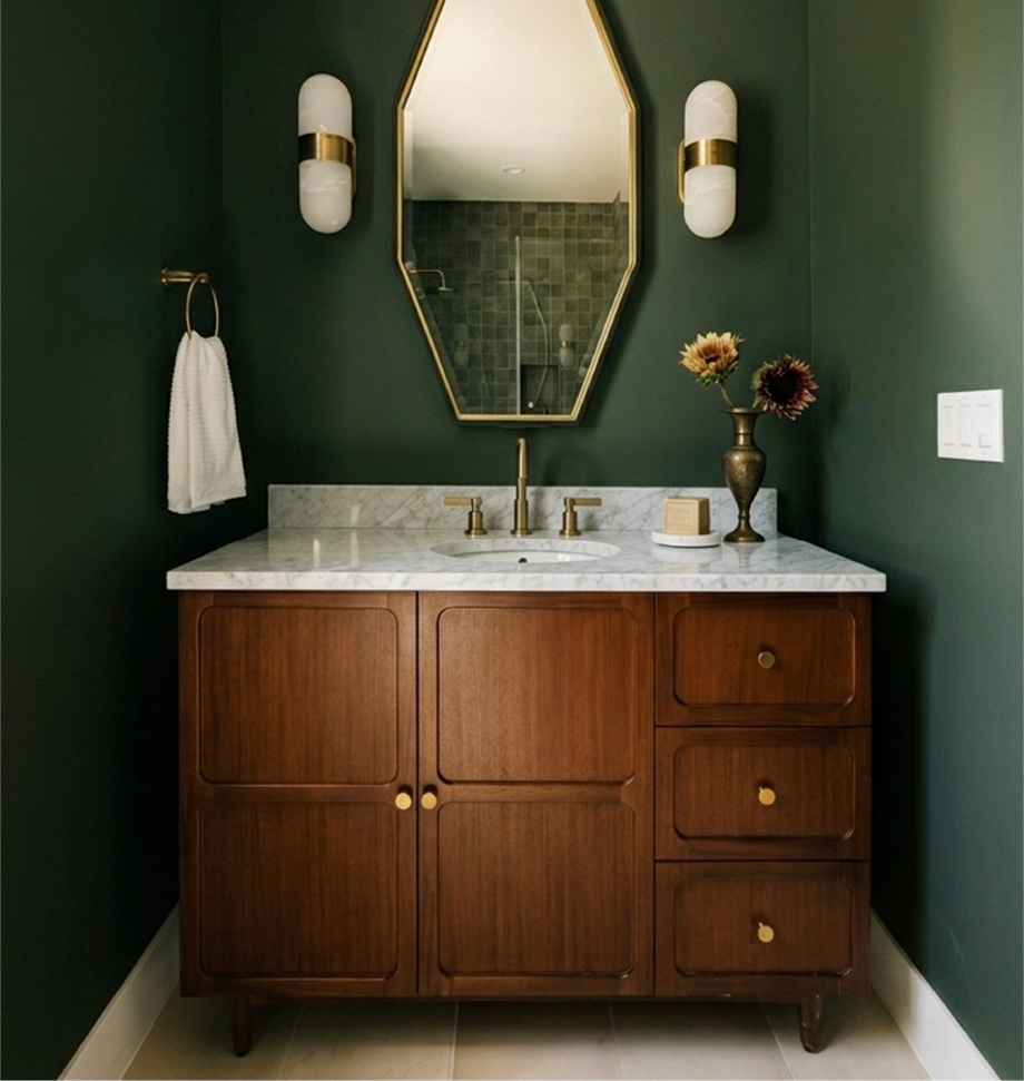 Delavan Vanity, Greyfield Widepsread Faucet, Towel Ring in Aged Brass 