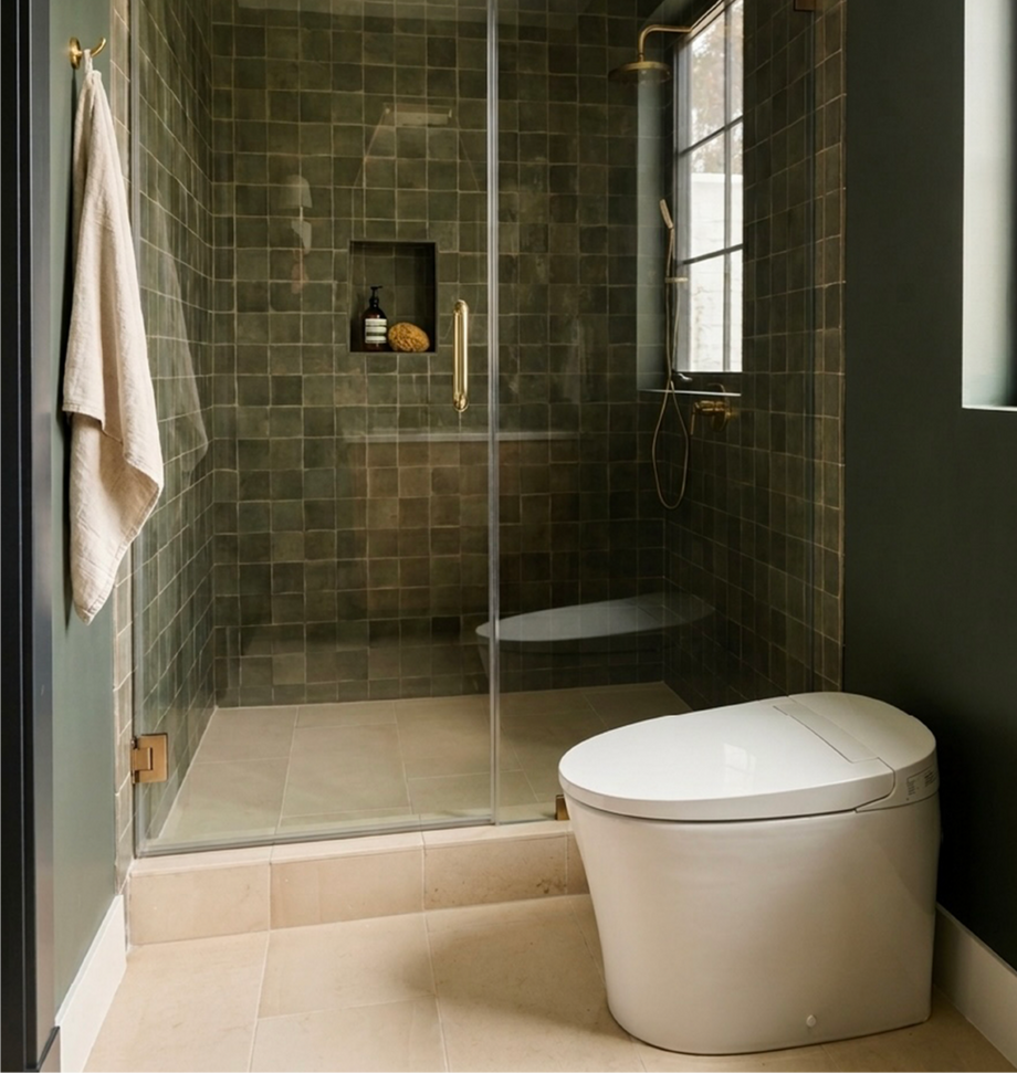 Greyfield Pressure Balance Shower System, Robe Hook in Aged Brass, Narelle One-Piece Elongated Tankless Battery Operated Toilet