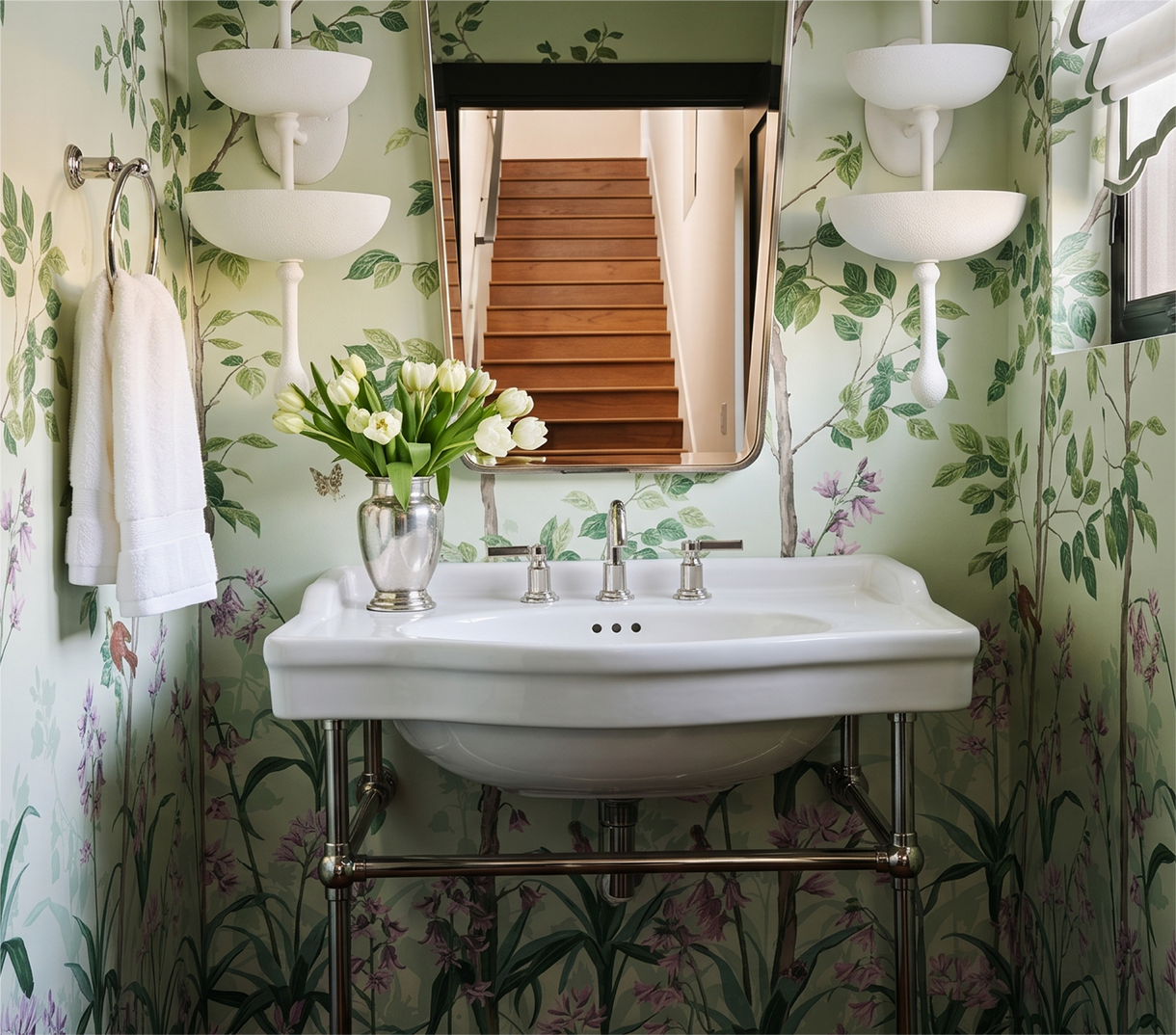 Ryan Saghian Clifton House Secondary Bath with the Cierra Console Sink with Brass Stand - Chrome, Greyfield Widespread Faucet, Towel Ring - Chrome