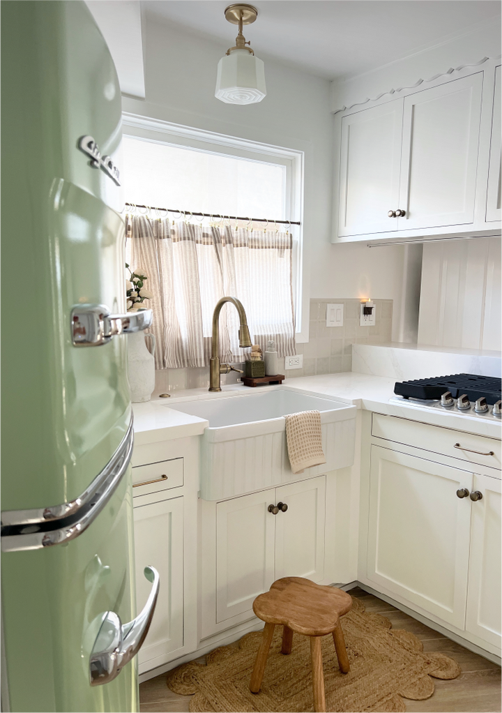 Cottage + Sea Kitchen with the Greyfield Single-Hole Pull-Down Kitchen Faucet in Aged Brass, Curington Fireclay Farmhouse Sink