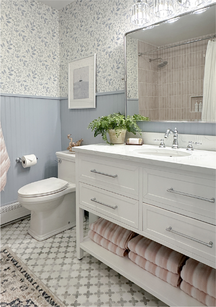 Lake & Lumber Bathroom with the Robertson Vanity in White, Enid Widespread Faucet in Brushed Nickel