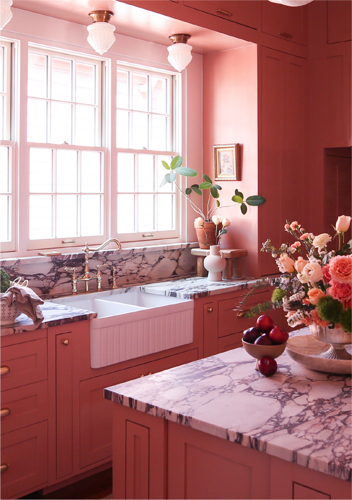Probably This' Kitchen with the Curington Double-Bowl Fireclay Farmhouse Sink, Delacour Bridge Kitchen Faucet with Side Spray in Aged Brass