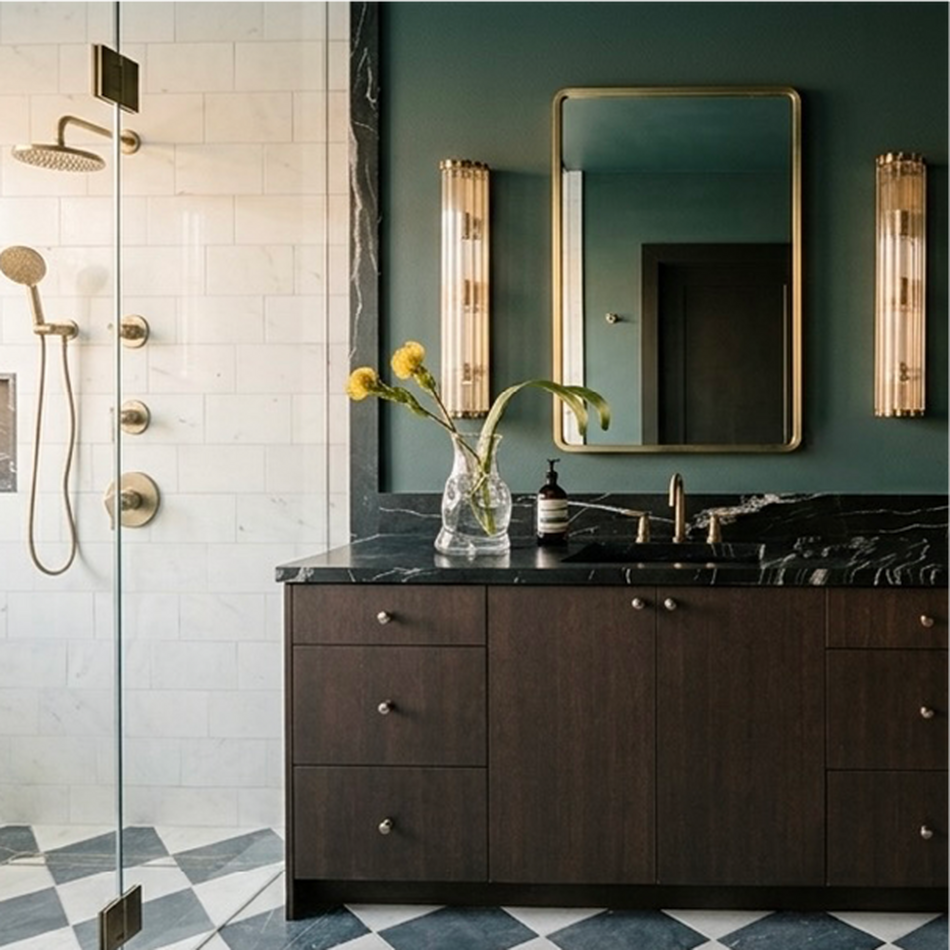 Clifton House Primary Bath with the Greyfield Widespread Faucet, Thermostatic Shower System in Aged Brass
