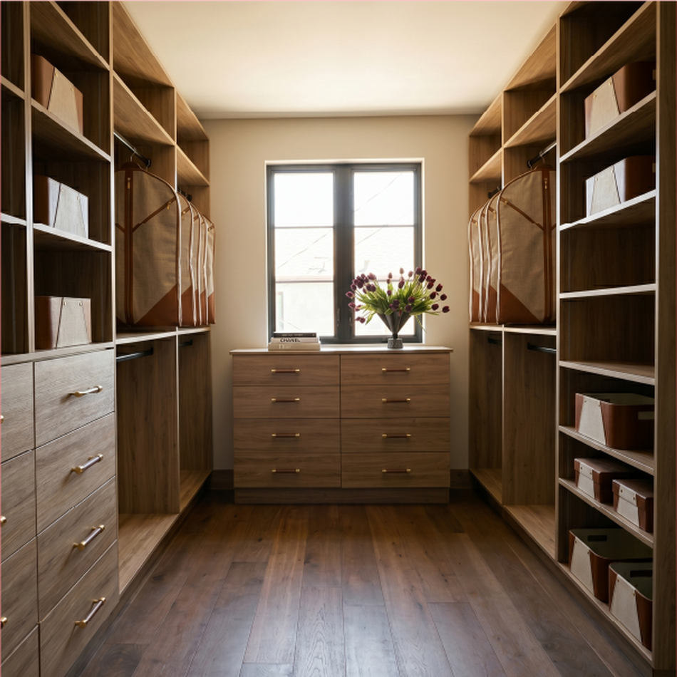 Clifton House Walk-In Closet with the Lazzara Brown Leather Cabinet Pulls in Champagne Bronze