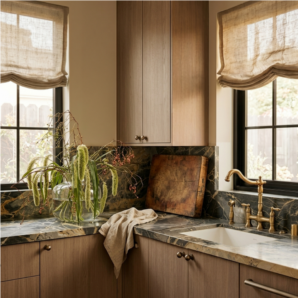 Clifton House Kitchen with Delacour Bridge Kitchen Faucet in Aged Brass