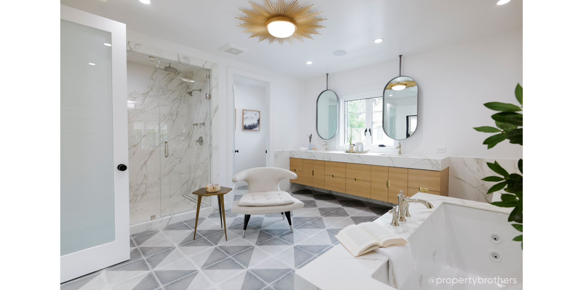 Bathroom designed by the Property Brothers with the Sitka Drop-In Tub, Beasley Bathroom Faucet & Tub Faucet in Polished Nickel