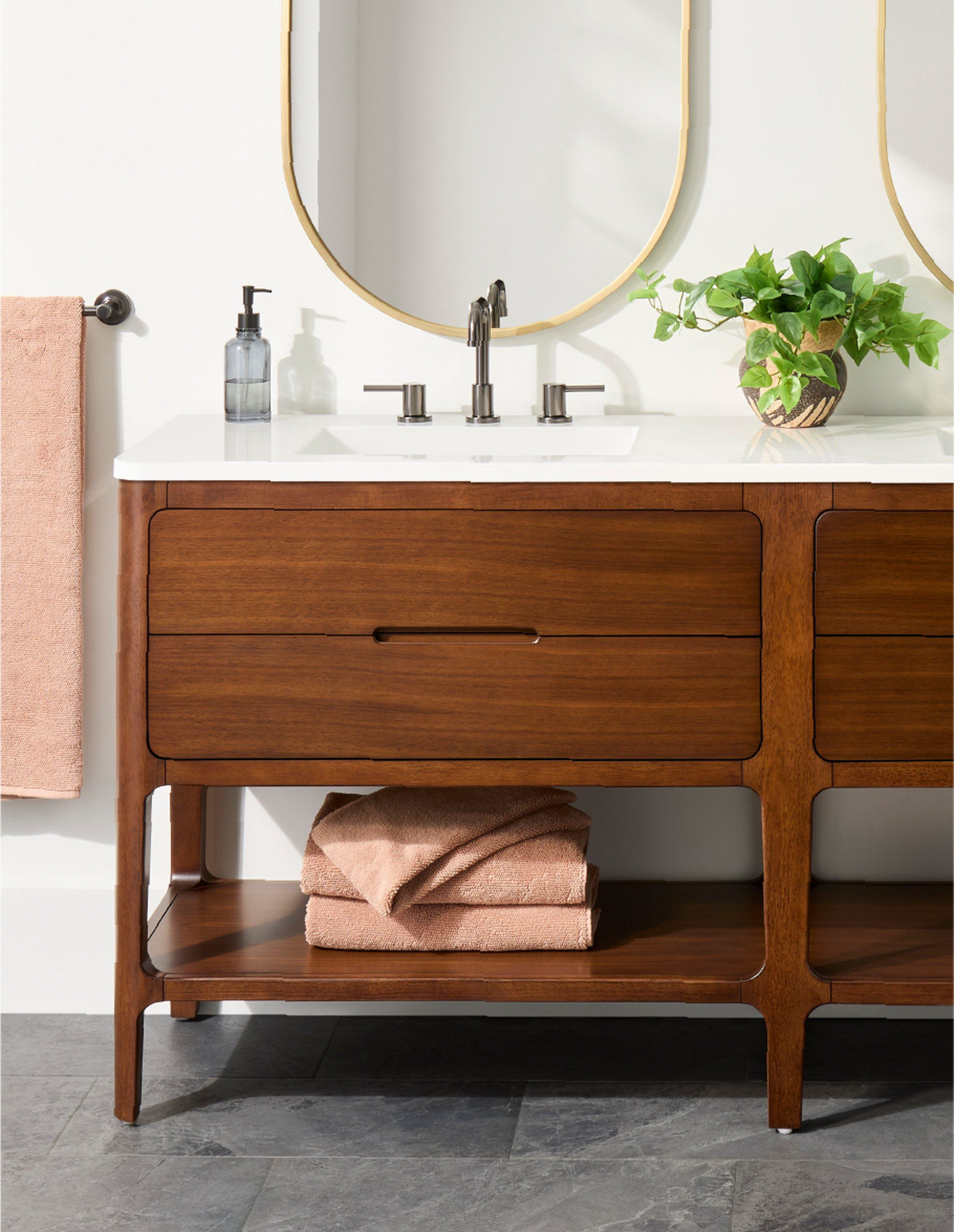 Rheya Narrow Console Double Vanity and Sinks - Winterland Walnut