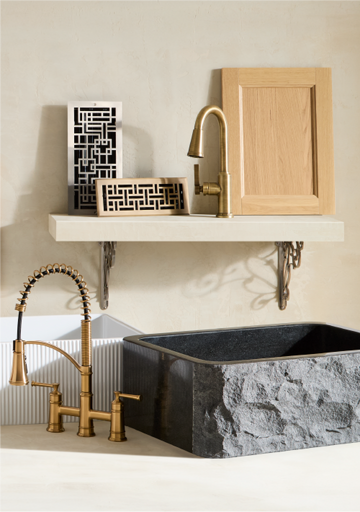 Beasley Spring-Spout Kitchen Bridge Faucet - Aged Brass, Finbrook Farmhouse Sink