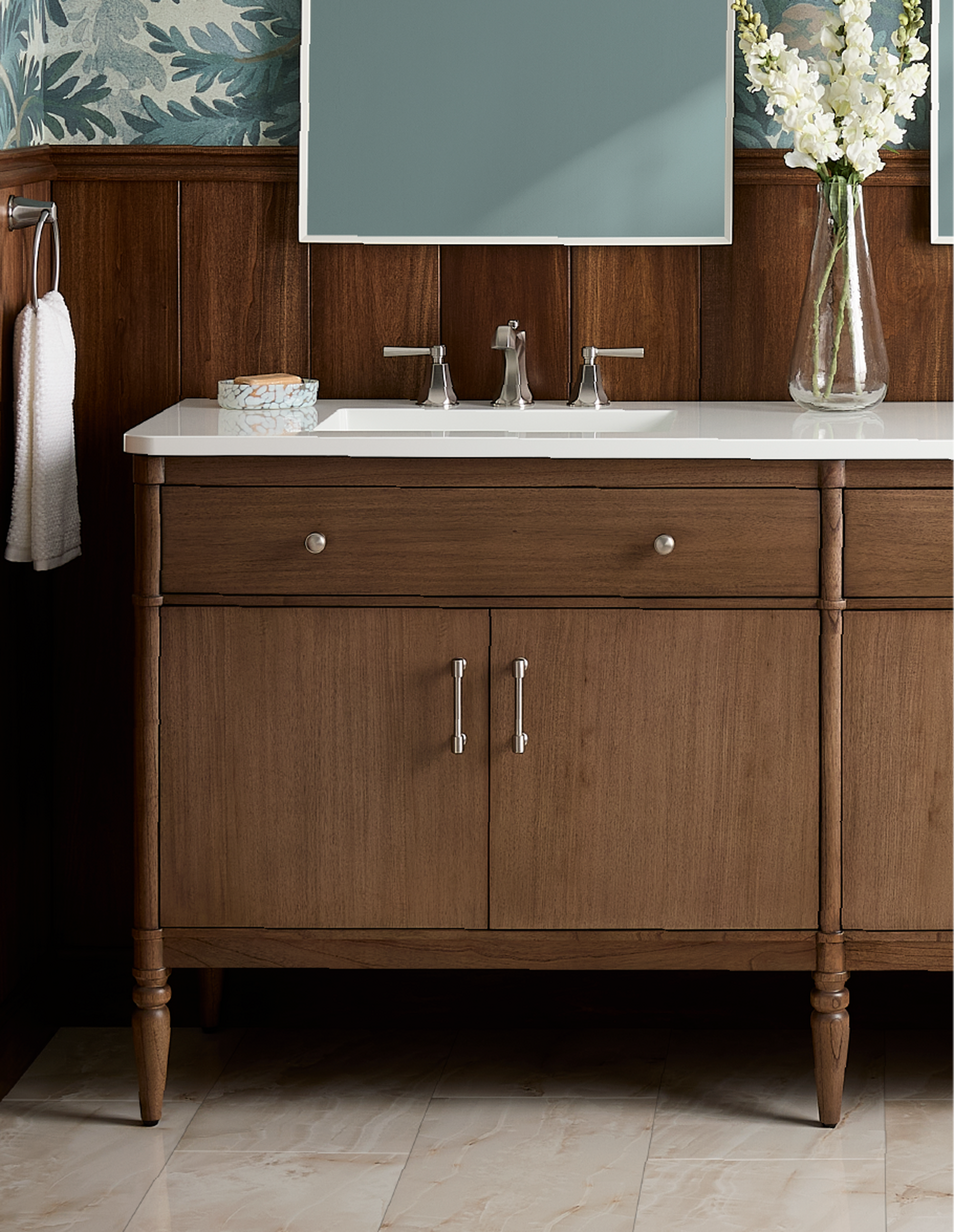 Tesori Narrow Mahogany Double Vanity and Sinks - Outlets - Desert Taupe