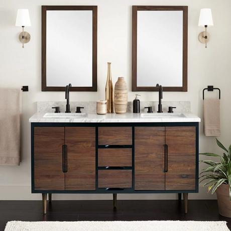 60" Bivins Teak Double Bathroom Vanity for Rectangular Undermount Sinks - Java/Black