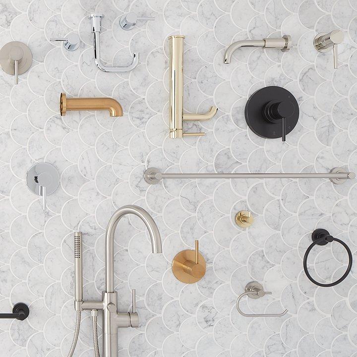 flat lay of various bathroom hardware