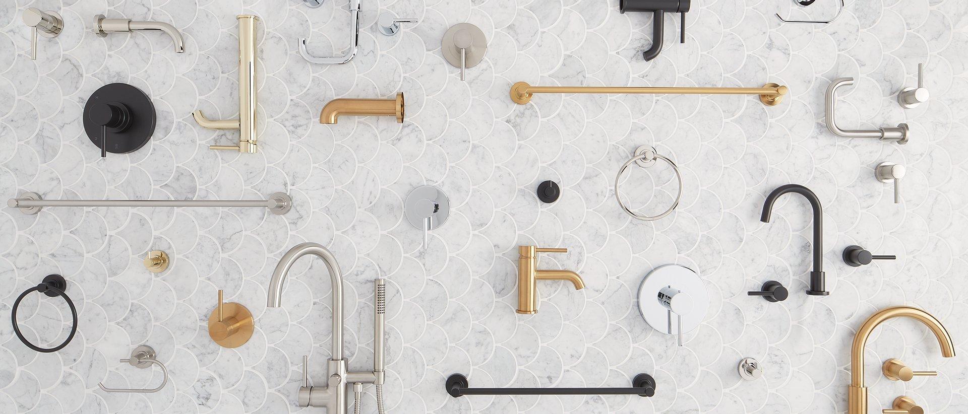 flat lay of various bathroom hardware