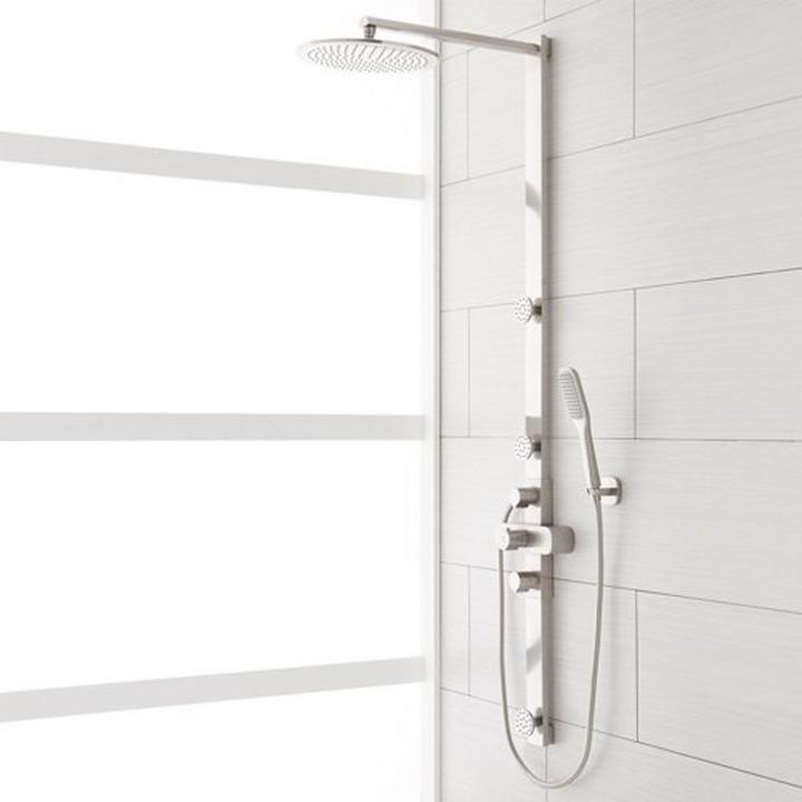 shower panel with rainfall showerhead and hand held shower