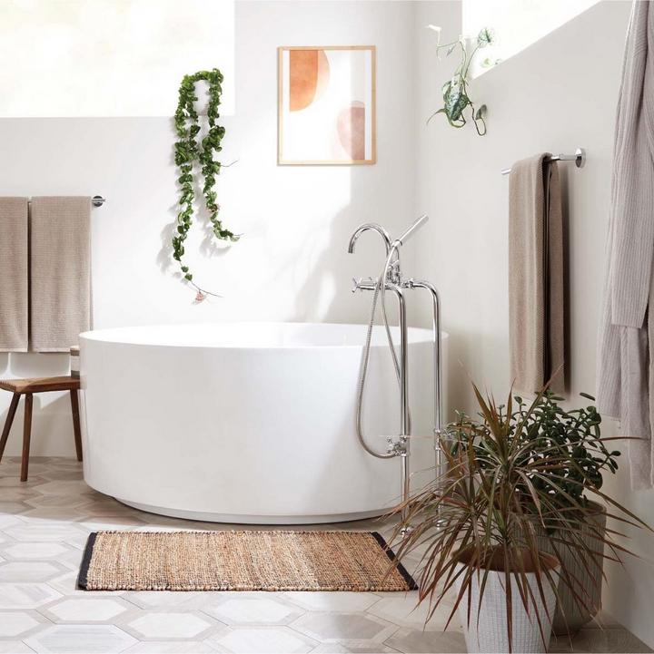 Minimalist bathroom with the 55" Dempsey Round Acrylic Freestanding Tub, Sebastian Freestanding Tub Faucet in Chrome