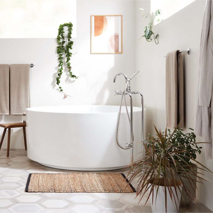 Mid-century bathroom design with 55" Dempsey Round Acrylic Freestanding Tub & Sebastian Freestanding Tub Faucet in Chrome