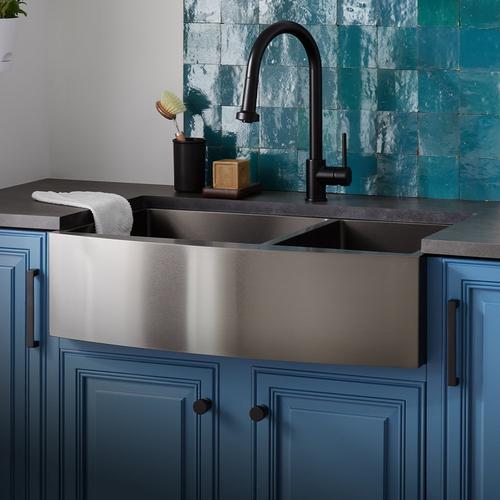 33" Atlas 60/40 Offset Double-Bowl Stainless Steel Farmhouse Sink - Curved Apron - Gunmetal Black