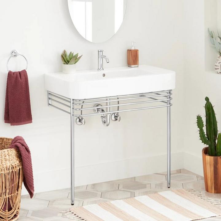 wall mount console sink with chrome stand