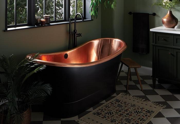 70" Thaine Antique Black Copper Double Slipper Tub, Vassor Freestanding Tub Faucet in Matte Black