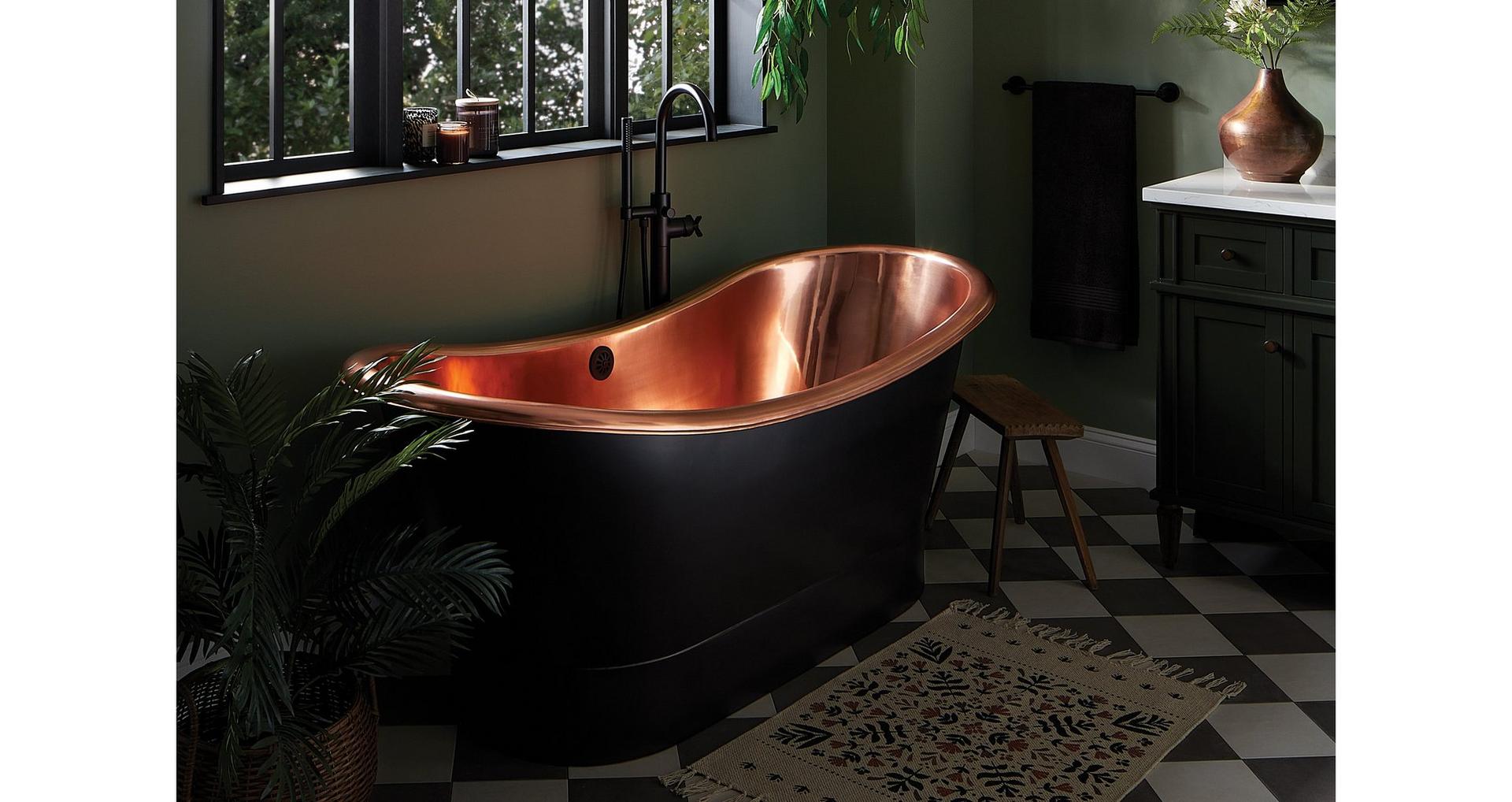 70" Thaine Antique Black Copper Double Slipper Tub, Vassor Freestanding Tub Faucet in Matte Black