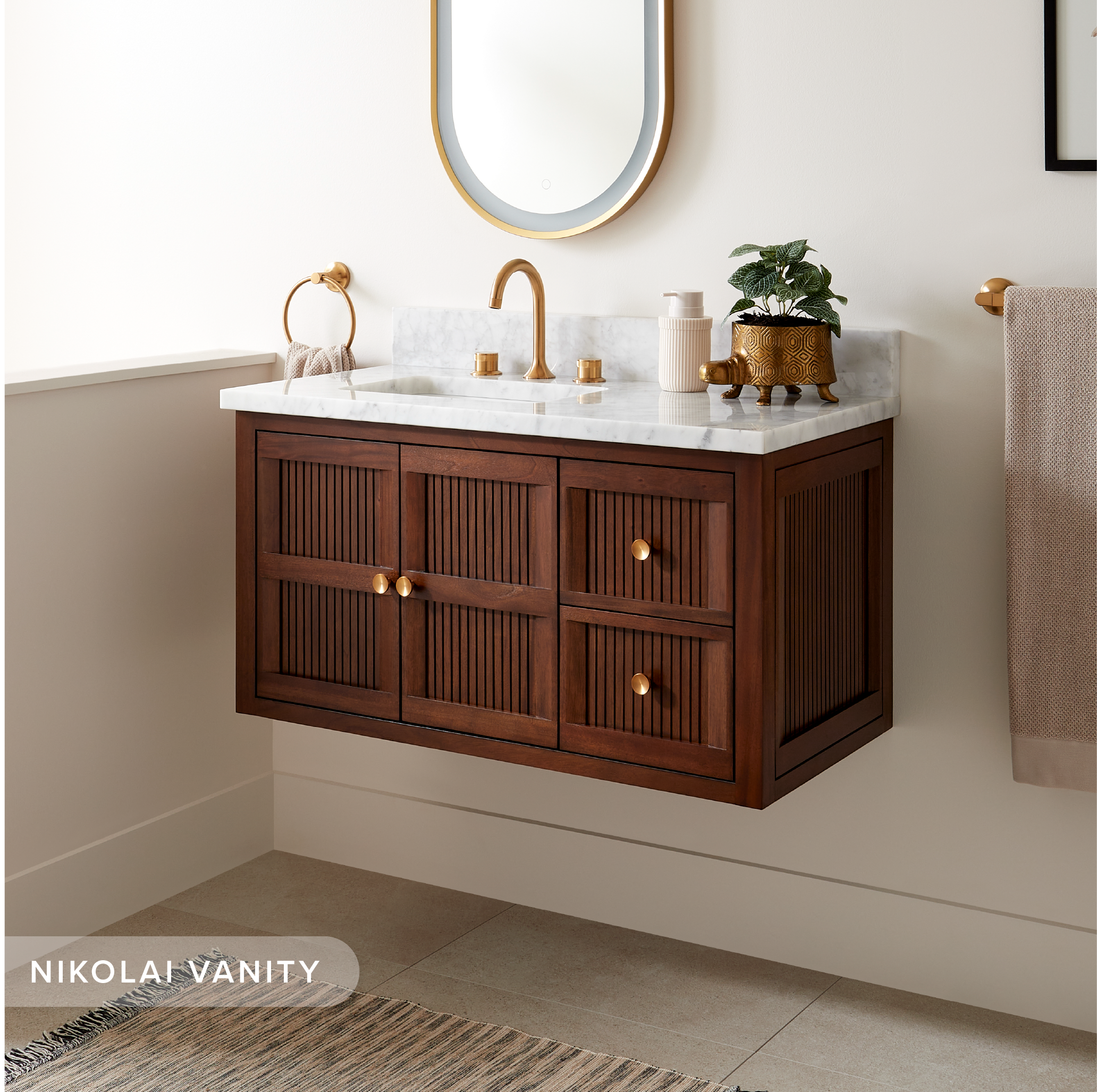 36 inch Nikolai Narrow Wall-Mount Vanity with Outlet - Rect Undermount Sink - Winterland Walnut