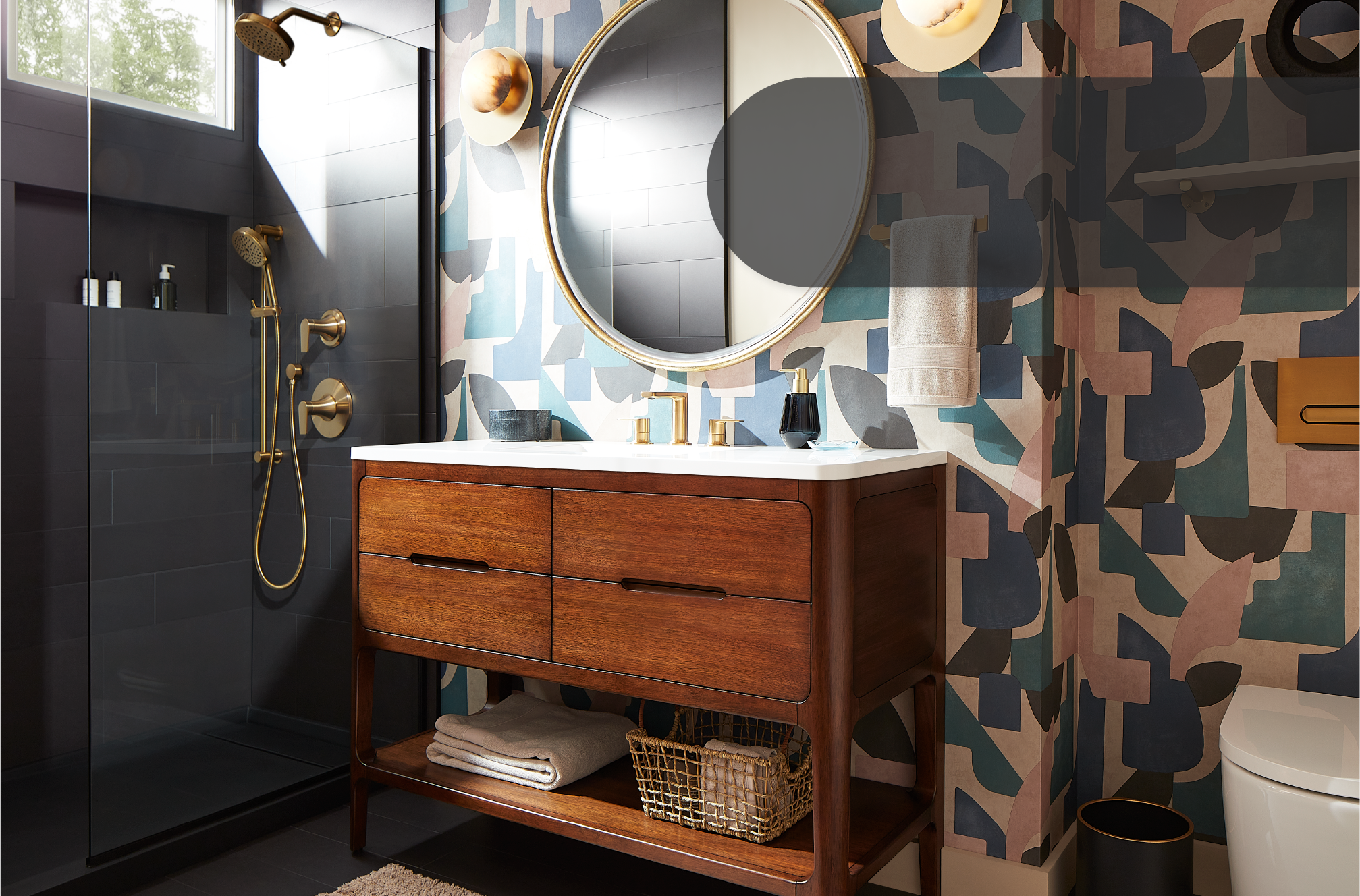 48 inch Rheya Narrow Console Vanity and Sink - Winterland Walnut, Berwyn Bathroom Collection in Brushed Gold