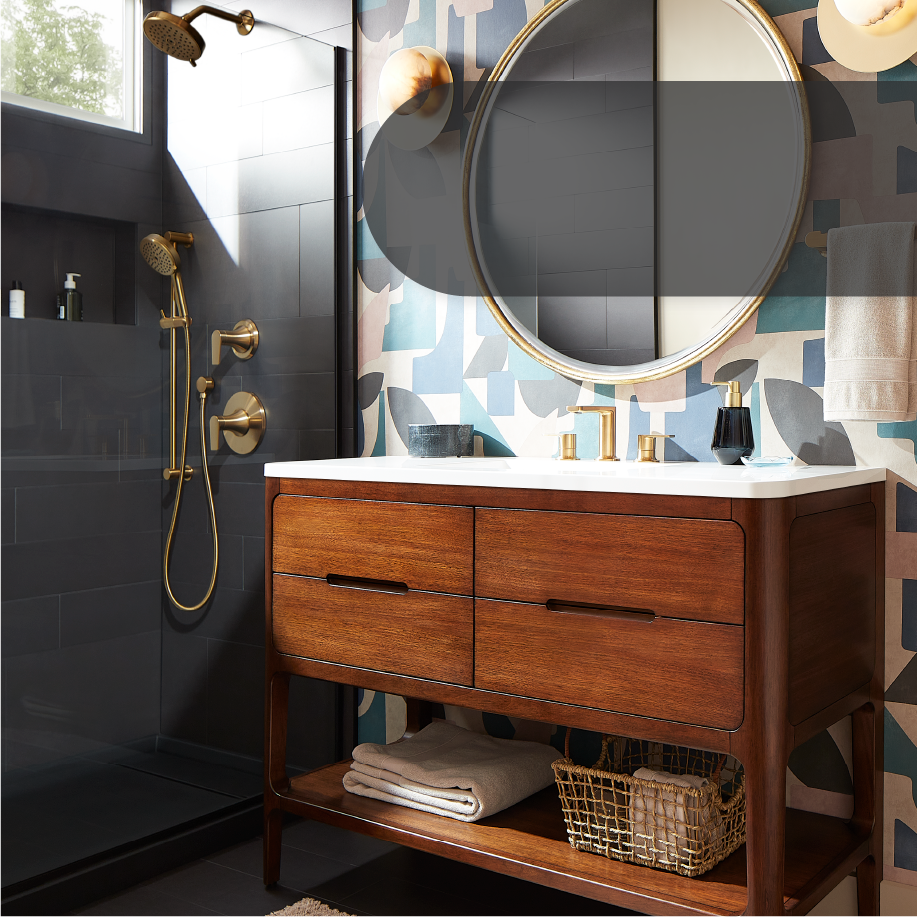48 inch Rheya Narrow Console Vanity and Sink - Winterland Walnut, Berwyn Bathroom Collection in Brushed Gold