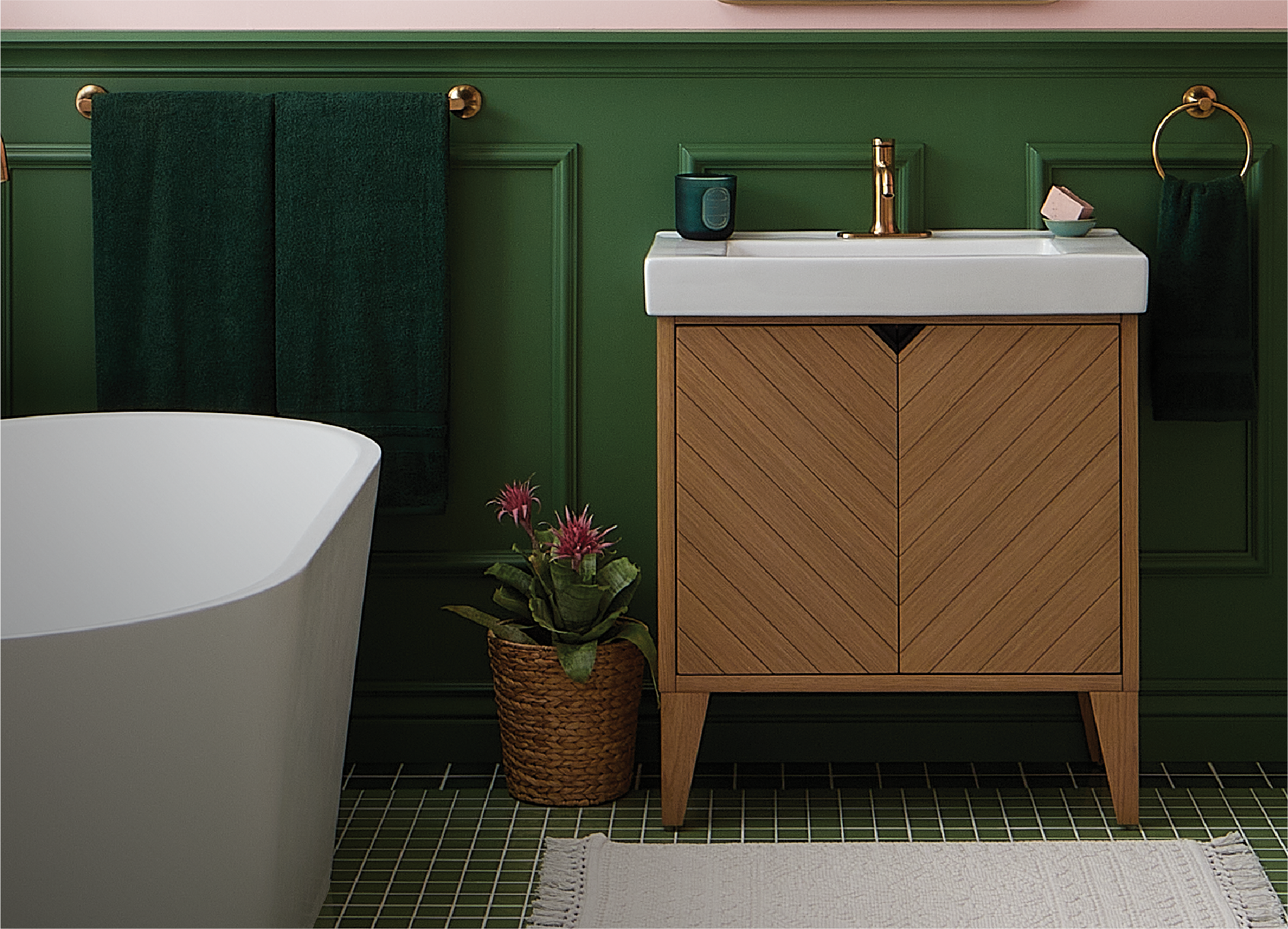 30 inch Fircrest Vanity with Integral Sink - Sandy Oak, Lentz Bathroom Collection in Brushed Gold