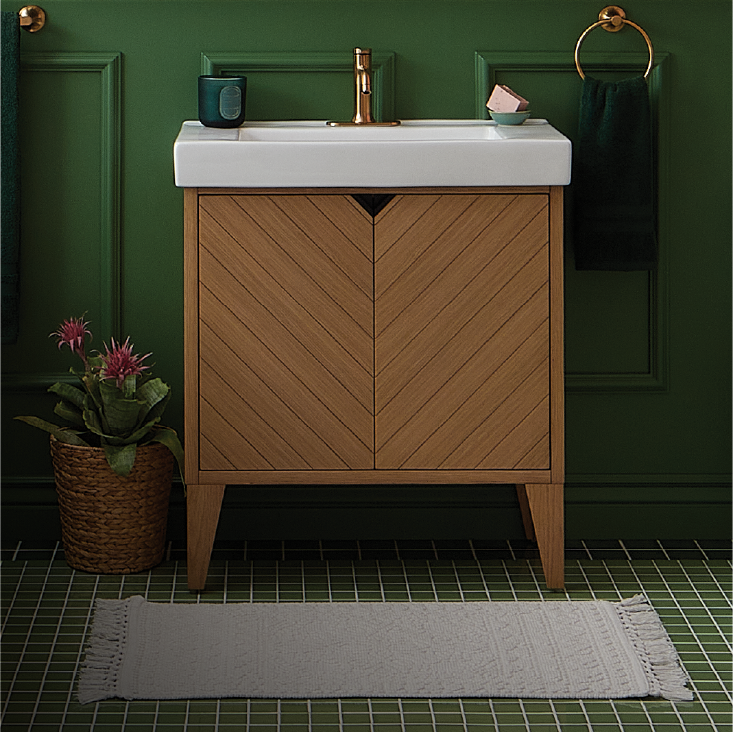30 inch Fircrest Vanity with Integral Sink - Sandy Oak, Lentz Bathroom Collection in Brushed Gold