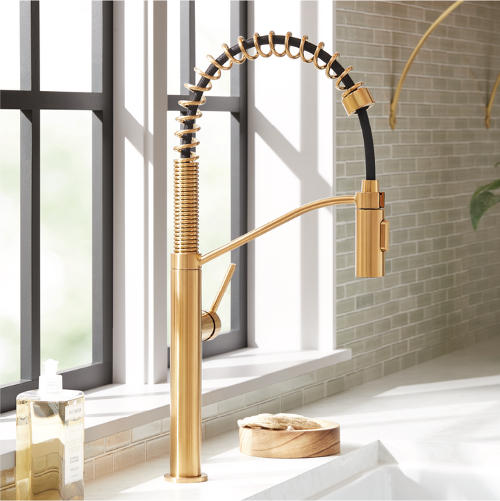 Eiler Single-Hole Kitchen Faucet with Pull-Down Spring Spout in Brushed Gold for easy upgrades