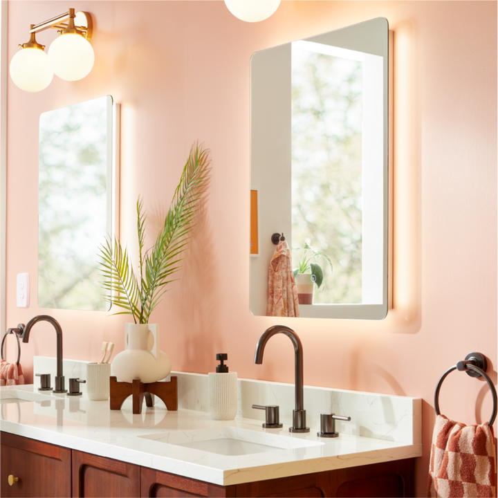 Fleming Lighted Mirror with Tunable LED, Lexia Widespread Faucet in Gunmetal