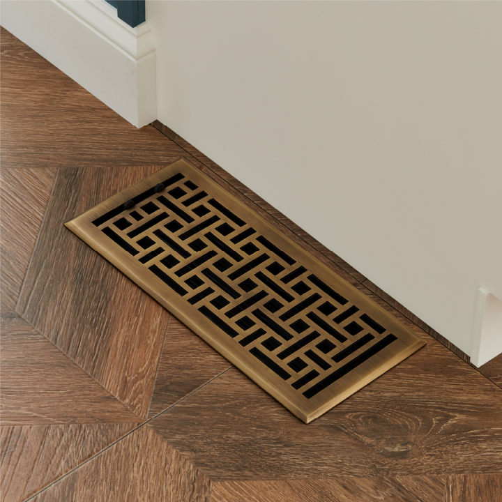 Install register with the Wicker Style Solid Brass Oversized Floor Register in Antique Brass