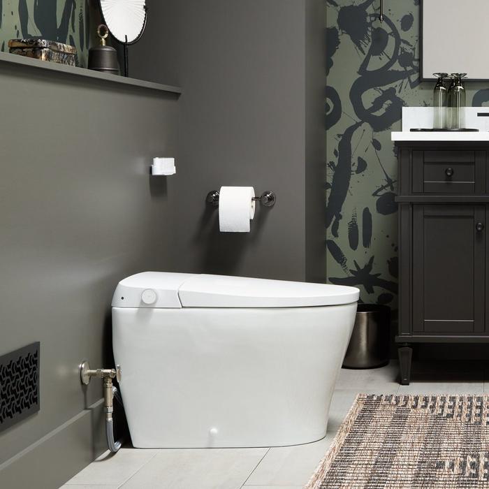 Vela Plus Smart Toilet, Greyfield Toilet Paper Holder, Widespread Faucet - Gunmetal, 36" Elmdale Vanity - Charcoal Black