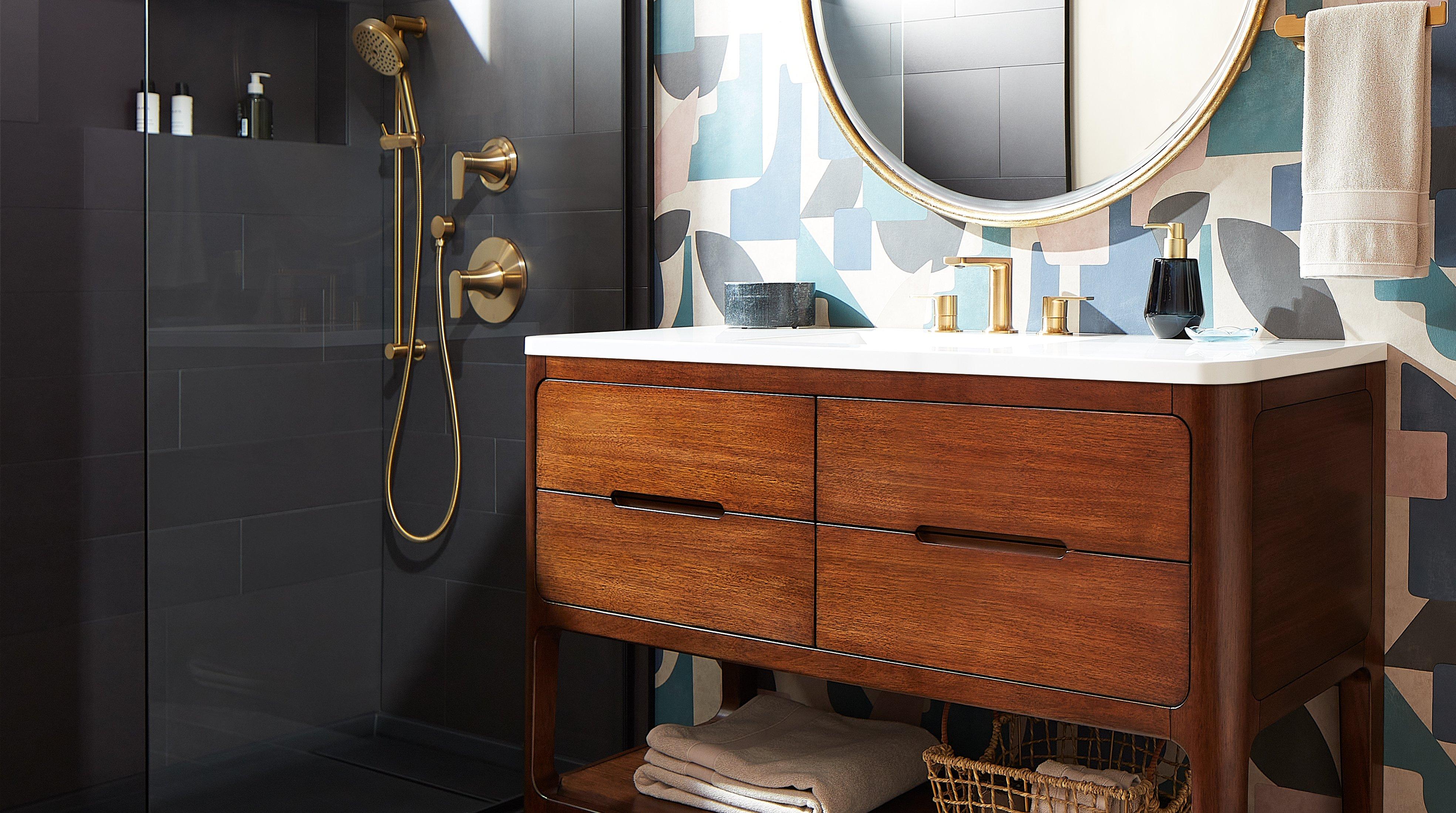 48 inch Rheya Narrow Console Vanity and Sink - Winterland Walnut, Berwyn Widespread Bathroom Faucet and shower system in Brushed Gold