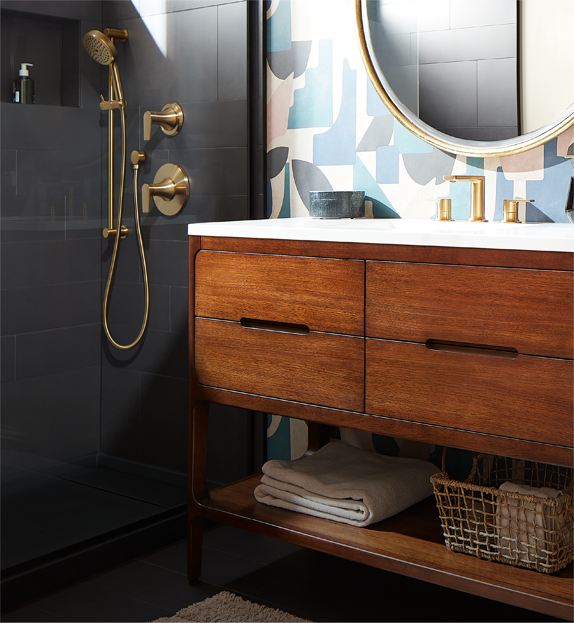 48 inch Rheya Narrow Console Vanity and Sink - Winterland Walnut, Berwyn Widespread Bathroom Faucet and shower system in Brushed Gold