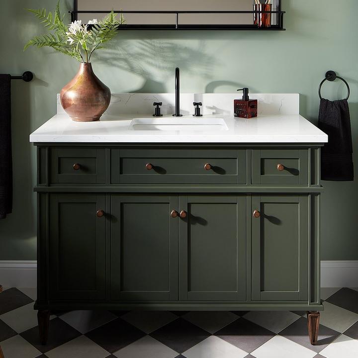 48" Elmdale Bathroom Vanity Sink in Dark Olive Green, Vassor Widespread Bathroom Faucet in Matte Black for bathroom vanity ideas