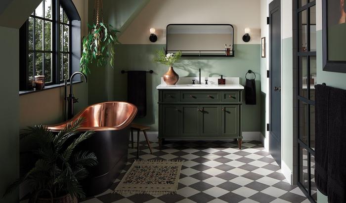 Statement bathroom with 48" Elmdale Vanity in Dark Olive Green, Vassor Faucet, Towel Ring, Tub Faucet in Matte Black, Thaine Tub