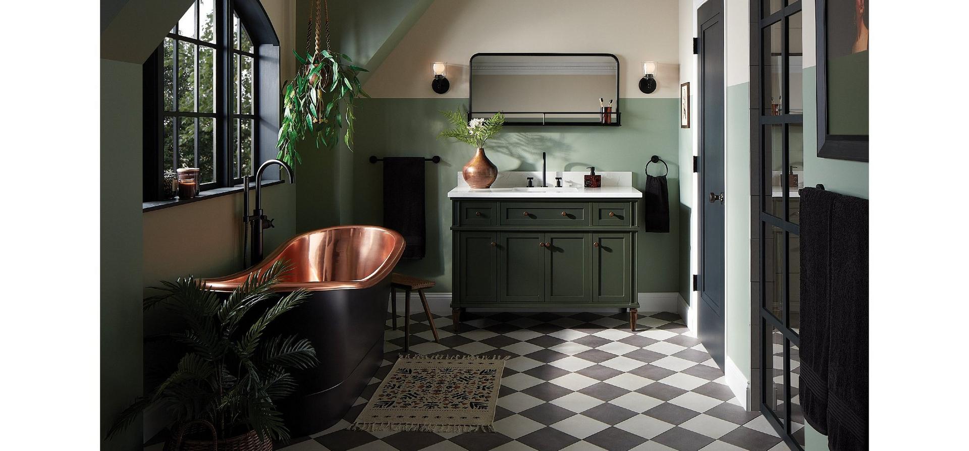 Statement bathroom with 48" Elmdale Vanity in Dark Olive Green, Vassor Faucet, Towel Ring, Tub Faucet in Matte Black, Thaine Tub