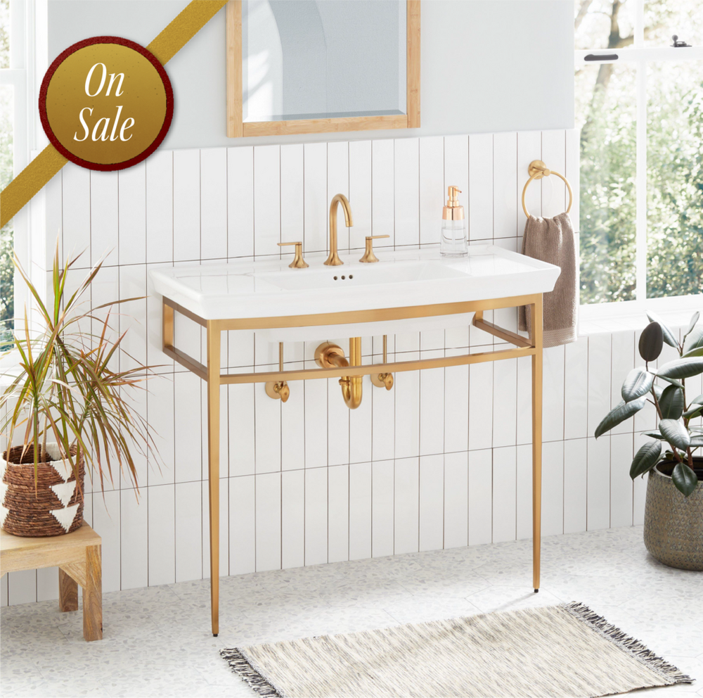 Olney Porcelain Console Sink with Metal Stand - Brushed Gold